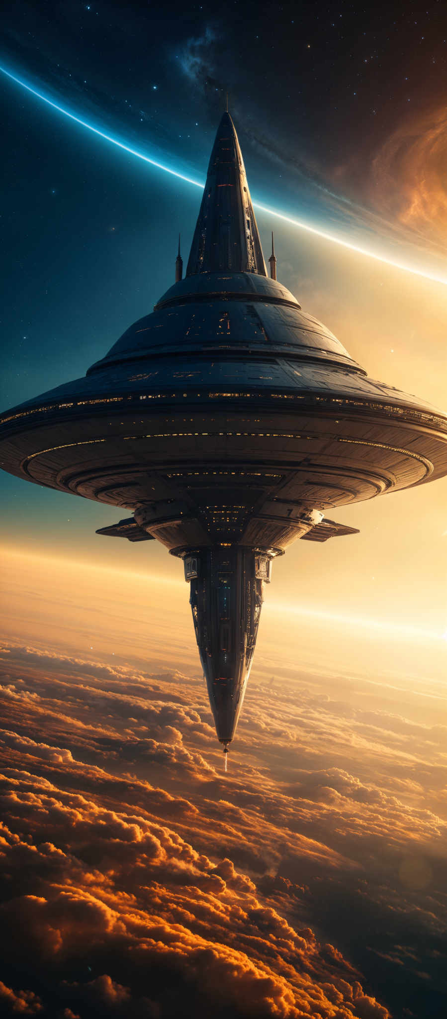 A futuristic spaceship is flying through the sky.