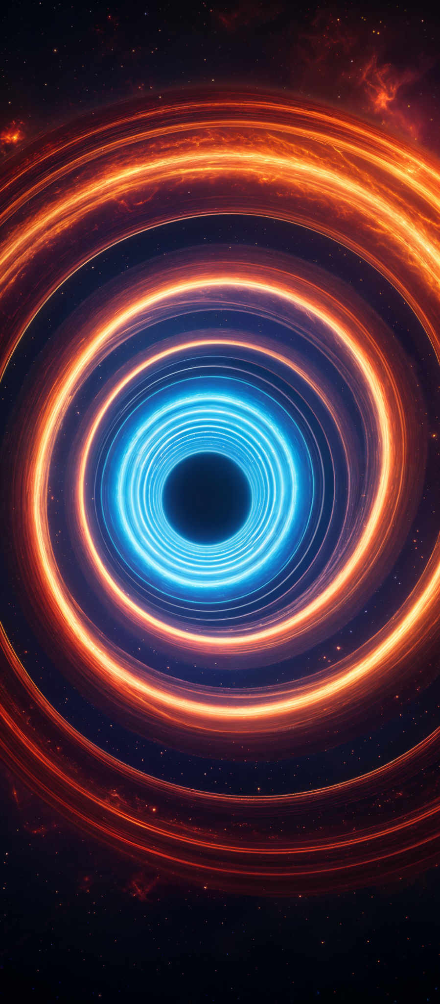 A spiral galaxy with a black center and blue and orange lights.