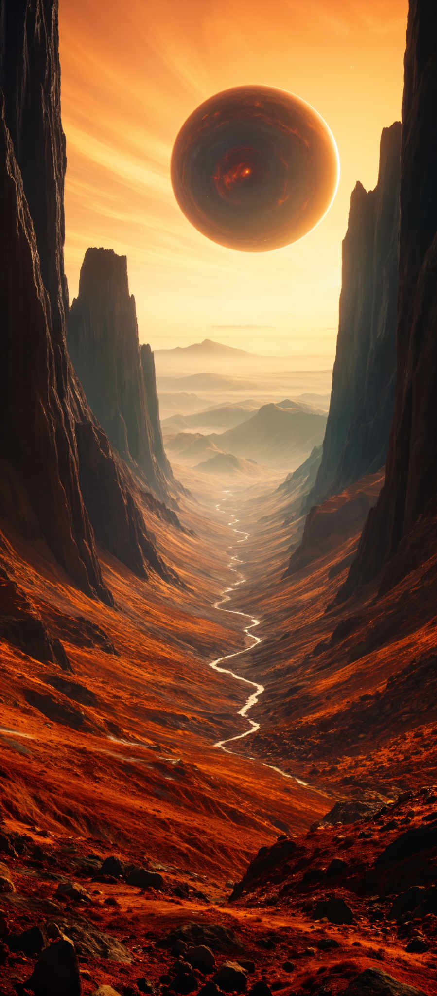 A winding river cuts through a canyon surrounded by towering cliffs. The river a bright white contrasts with the warm orange of the cliffs. In the distance a mountain range rises adding depth to the scene. The sky above is a pale blue with a few clouds scattered across it. The image is taken from a high vantage point giving a bird's eye view of the river and cliffs.