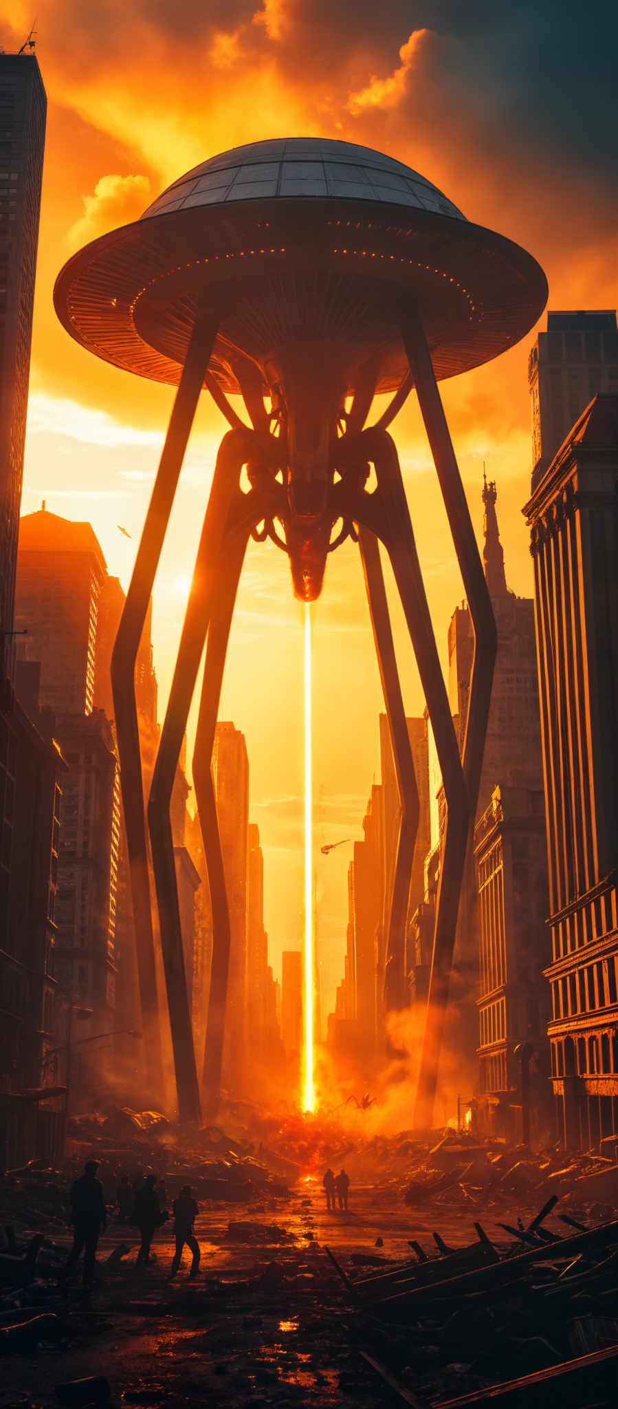 A futuristic cityscape with a large robot in the center. The robot with its long arms and legs is holding a large orange laser. The city is filled with tall buildings and skyscrapers all bathed in the warm glow of the setting sun. The sky is a beautiful blend of orange and yellow hues adding to the overall ambiance of the scene. The image is a stunning representation of a futuristic city complete with advanced technology and towering structures.