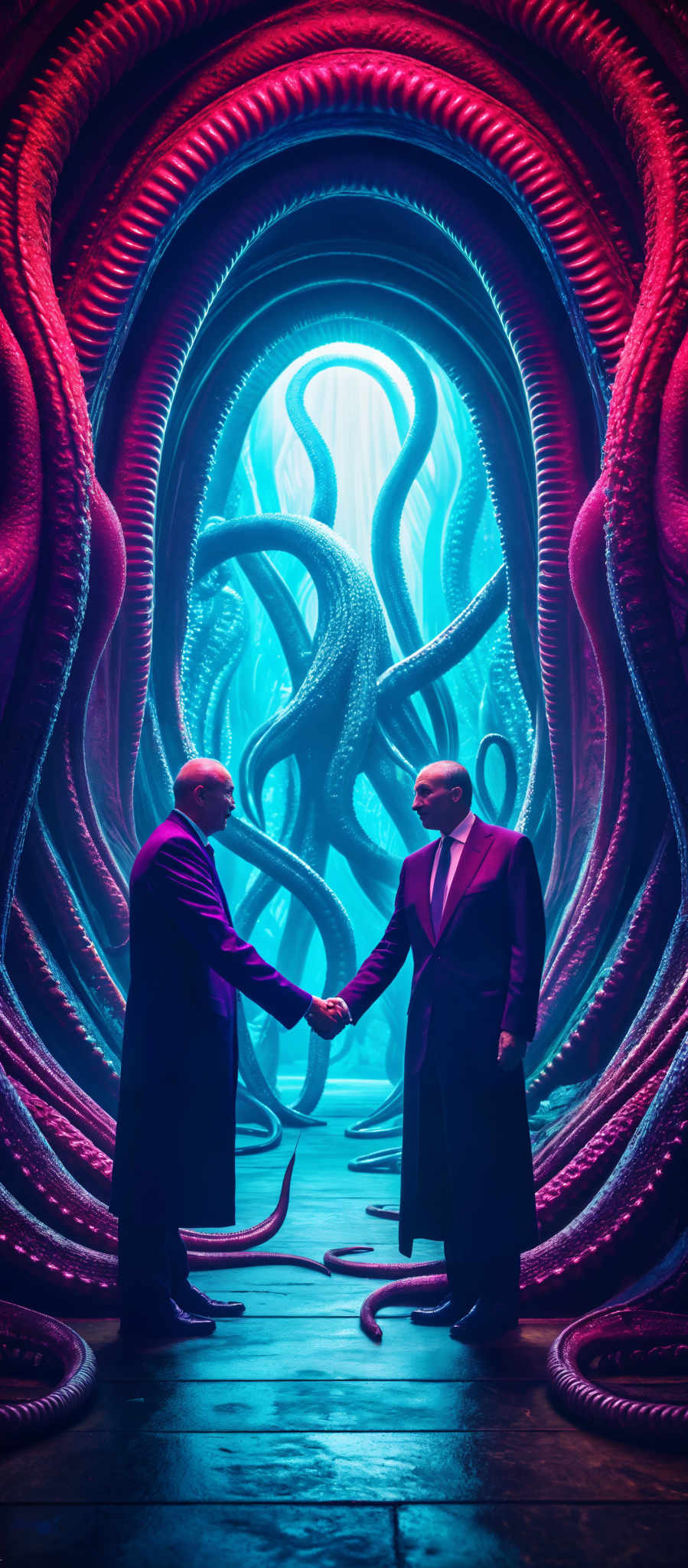 Two men in suits shake hands in front of a backdrop of tentacles and octopi.