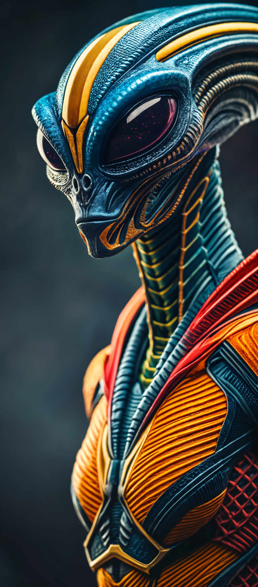 An alien-like creature with a long neck and a mouth full of sharp teeth. The creature is adorned with a suit that is a mix of blue orange and red colors. The suit is intricately designed with a pattern of lines and curves. The background is a dark blue color providing a stark contrast to the vibrant colors of the suit. The image is a close-up shot focusing on the creature's face and upper body. The overall composition of the photo suggests a sense of mystery and intrigue.