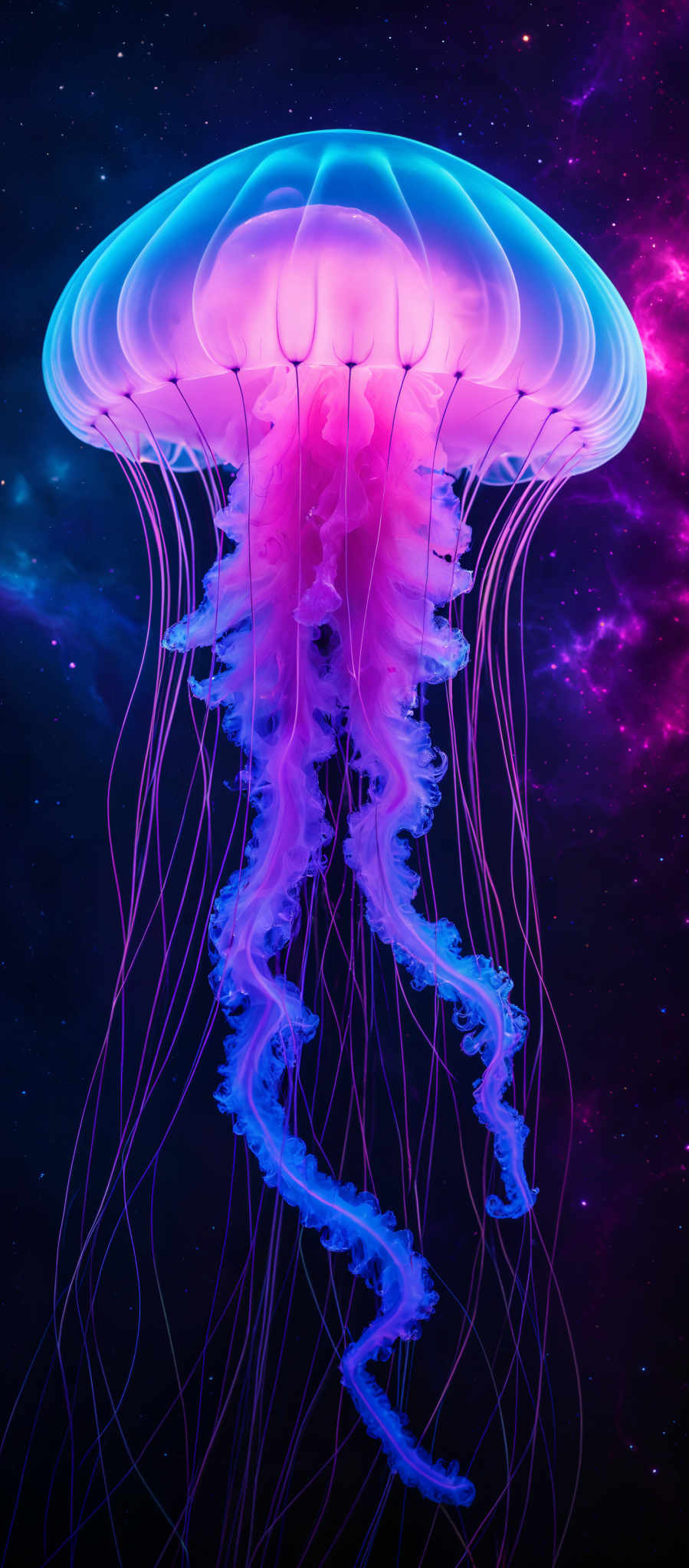 A digital image of a jellyfish with purple tentacles.