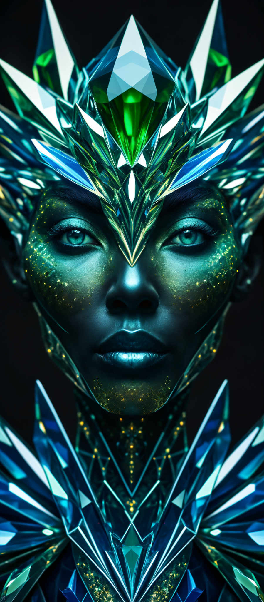 A digital image of a woman's face with a blue and green color scheme. The woman's eyes are blue and her hair is green. She is wearing a gold necklace. The background is black and features a geometric pattern. The image is a close-up of the woman's head and neck.