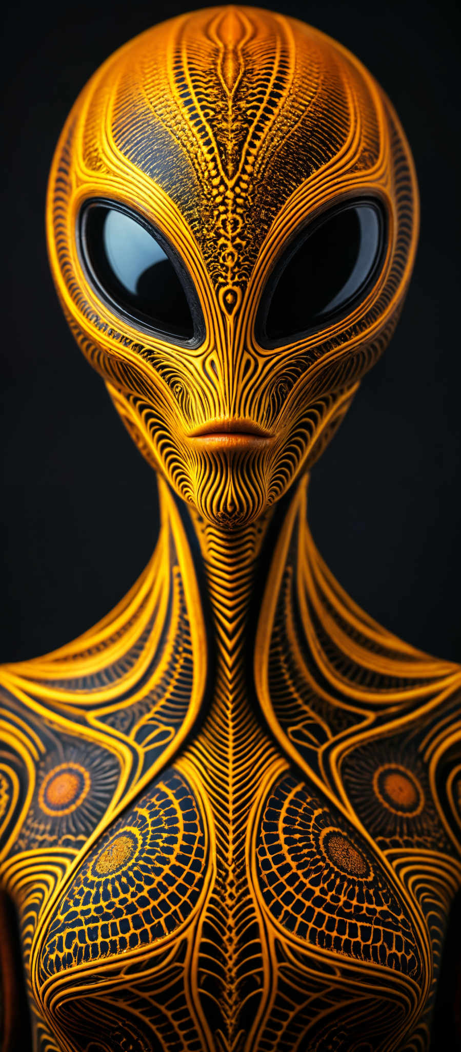 A close up of an alien face with a yellow and black striped pattern. The alien has a long neck and a small mouth. The background is black.