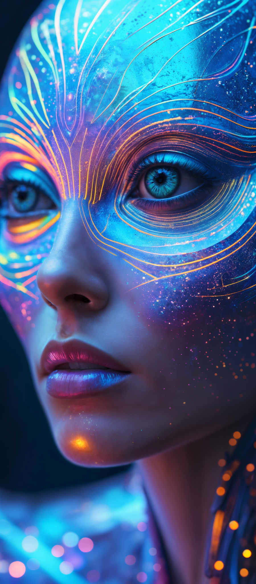 A close up of a person's face with blue and purple makeup. The makeup is swirling and appears to be made of light. The person's eyes are blue and they are looking directly at the camera. The background is black and has a starry effect.