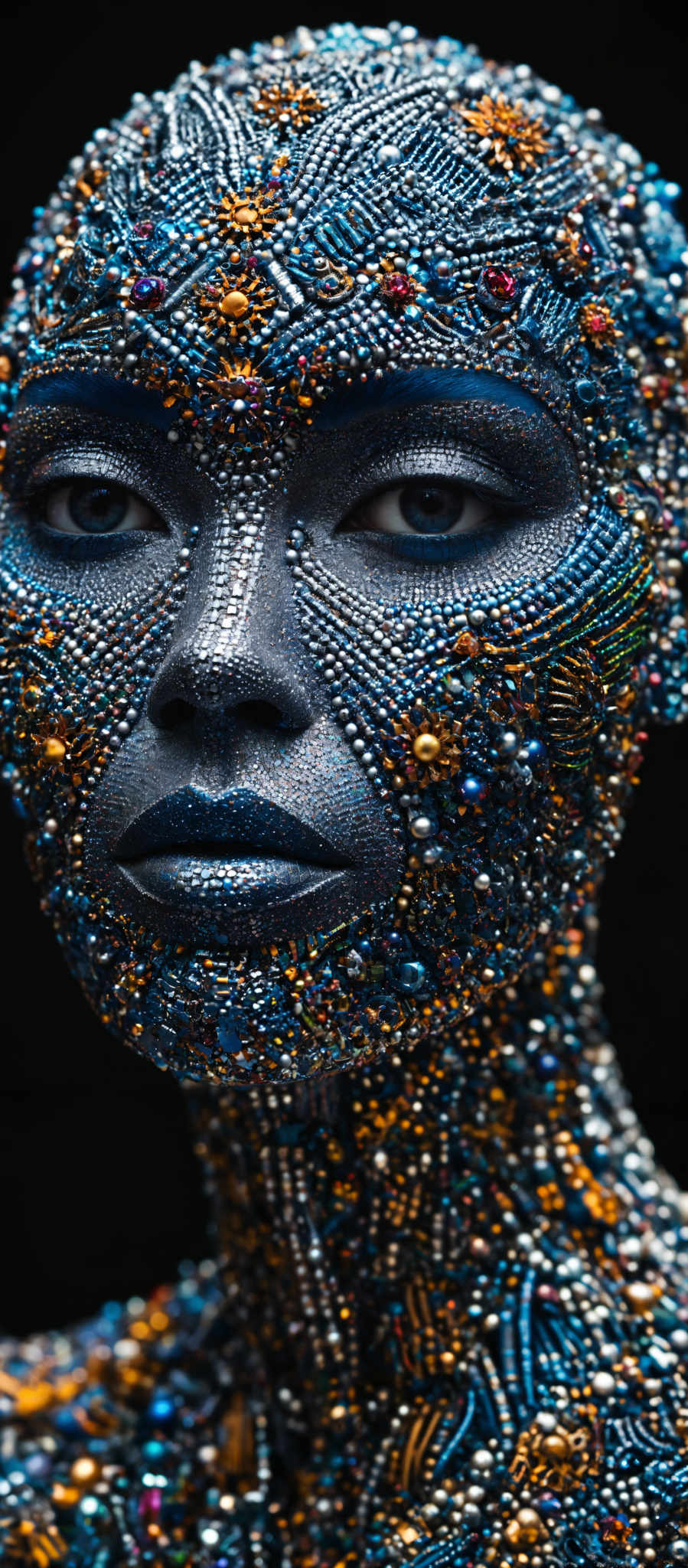 A close up of a face with blue and gold jewels on it.