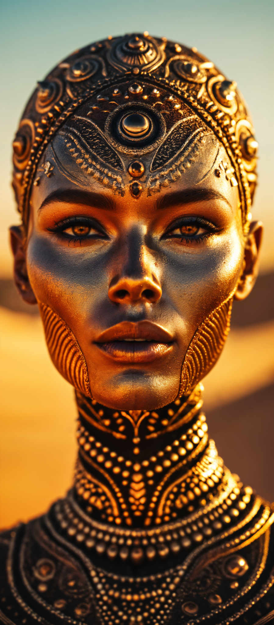 A close up of a woman's face with gold makeup and jewelry.