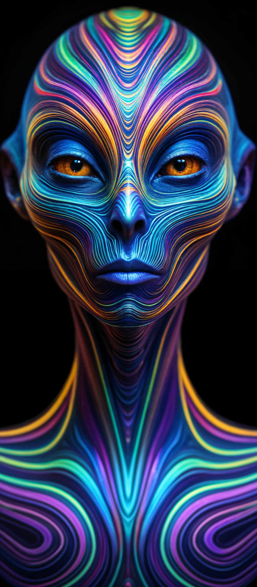 A blue and purple alien face with yellow eyes.