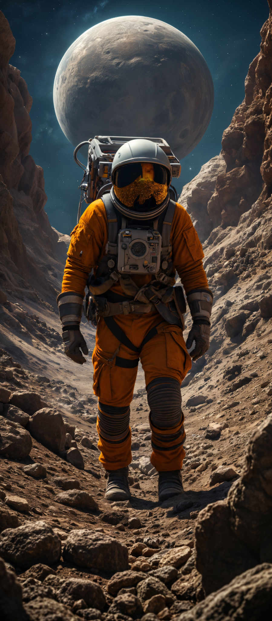 A person in an orange jumpsuit and helmet is walking through a rocky terrain.