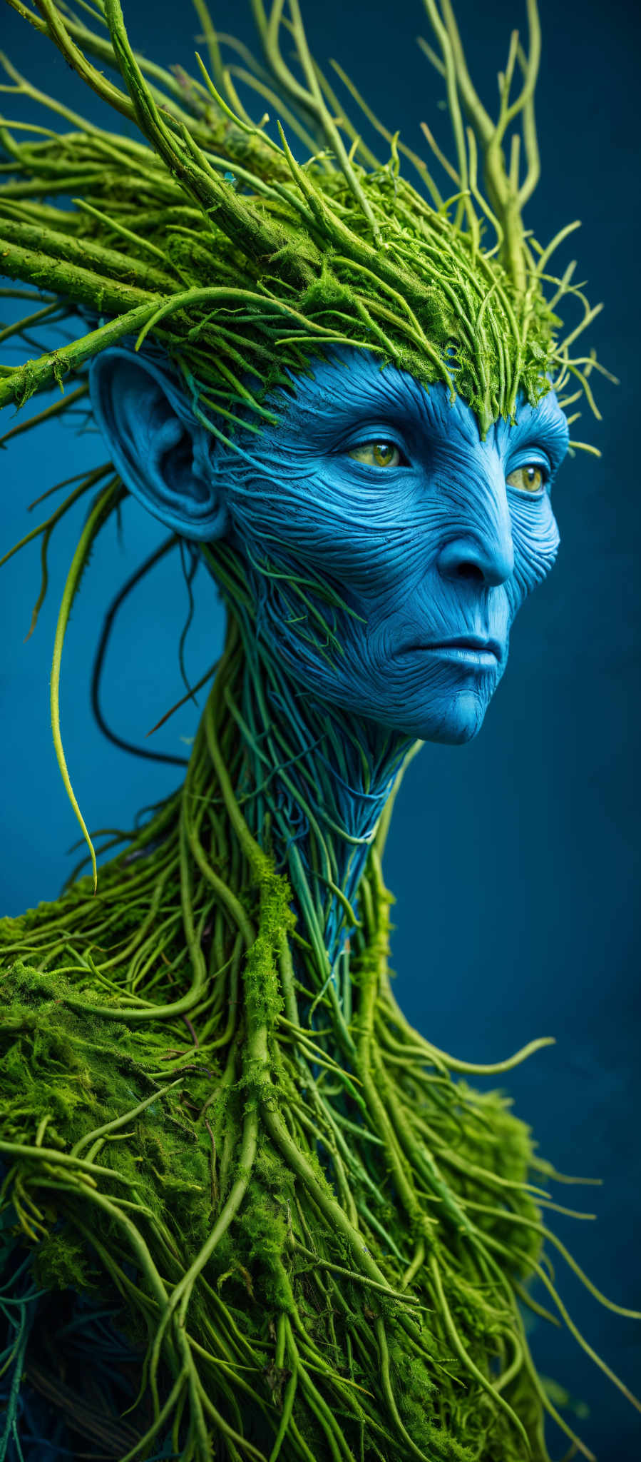 A blue alien with green hair and a green face.