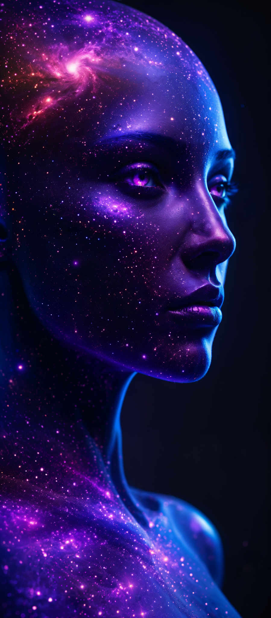 A close up of a face with purple and blue lights on it.