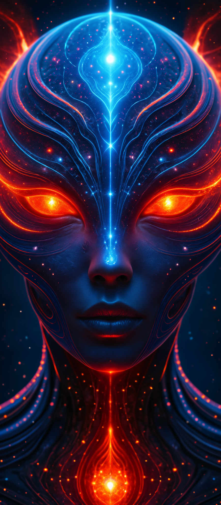 A close up of a face with a blue and red glow. The face is surrounded by a starry background.