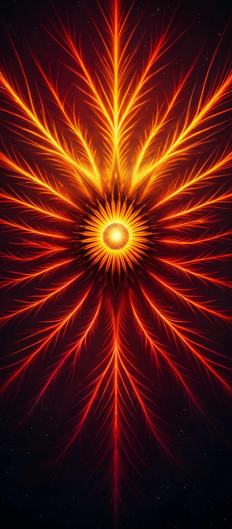 A vibrant explosion of light in the center of the frame radiating outwards in a radial pattern. The explosion is a mix of orange and yellow hues with a bright yellow core at the center. The light appears to be in motion creating a sense of dynamism and energy. The background is a stark black which contrasts sharply with the bright explosion and makes it stand out. The image does not contain any discernible text or countable objects. The relative position of the explosion is central with the black background surrounding it on all sides. The description is based solely on the visible content of the photo without any added imagination or aesthetic interpretation.