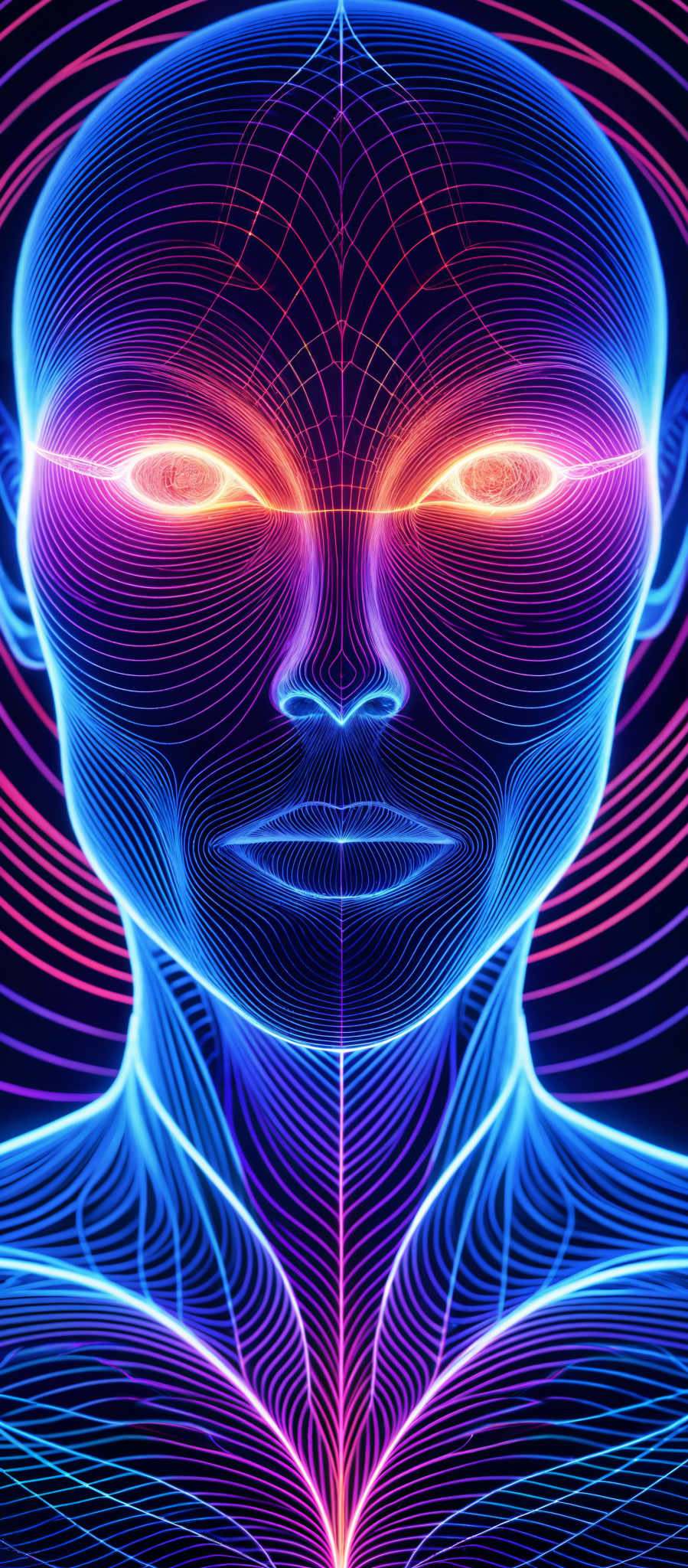 A digital image of a face with a blue and purple background. The face is composed of lines and curves giving it a futuristic appearance. The eyes are large and the mouth is small. The background is a blend of blue and pink hues creating a vibrant and colorful effect. The image is a digital art piece that combines elements of human facial features with abstract shapes and colors.