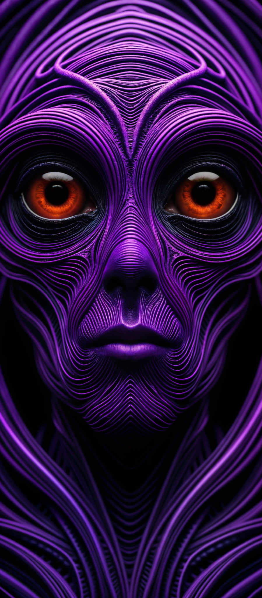 A close up of a face with purple lines and orange eyes.