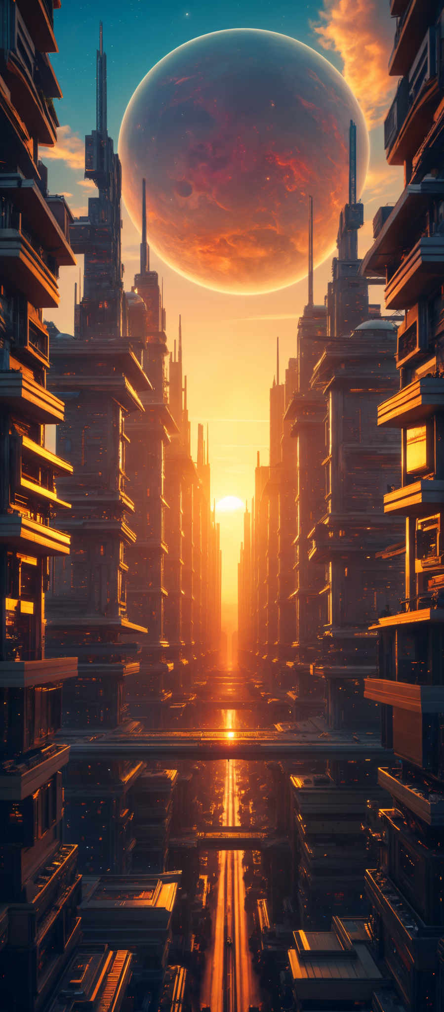 A futuristic cityscape with tall buildings and a bright orange sun in the center.