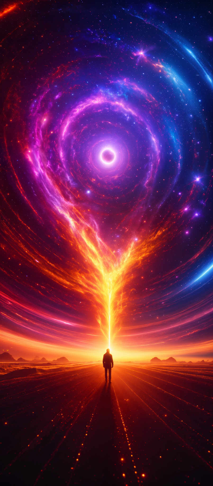 A cosmic scene with a bright orange explosion at the center surrounded by swirling purple and blue lights.