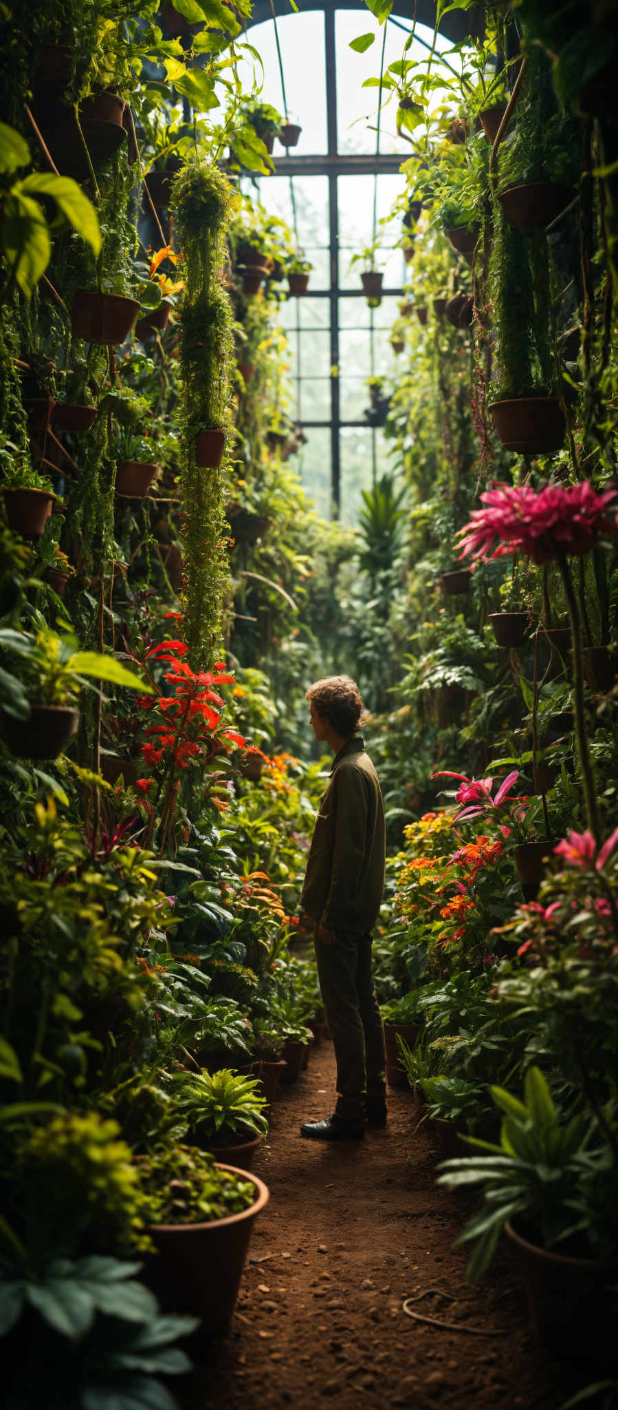 A man stands in a lush greenhouse surrounded by a riot of colorful flowers and plants. The man dressed in a green shirt is positioned in the center of the frame his gaze directed towards the camera. The greenhouse is a symphony of green with various shades of the color dominating the scene. Pops of red and pink from the flowers add a vibrant contrast to the greenery. The background is a dense thicket of plants and flowers creating a sense of depth and abundance. The image captures a moment of quiet contemplation in a vibrant natural setting.