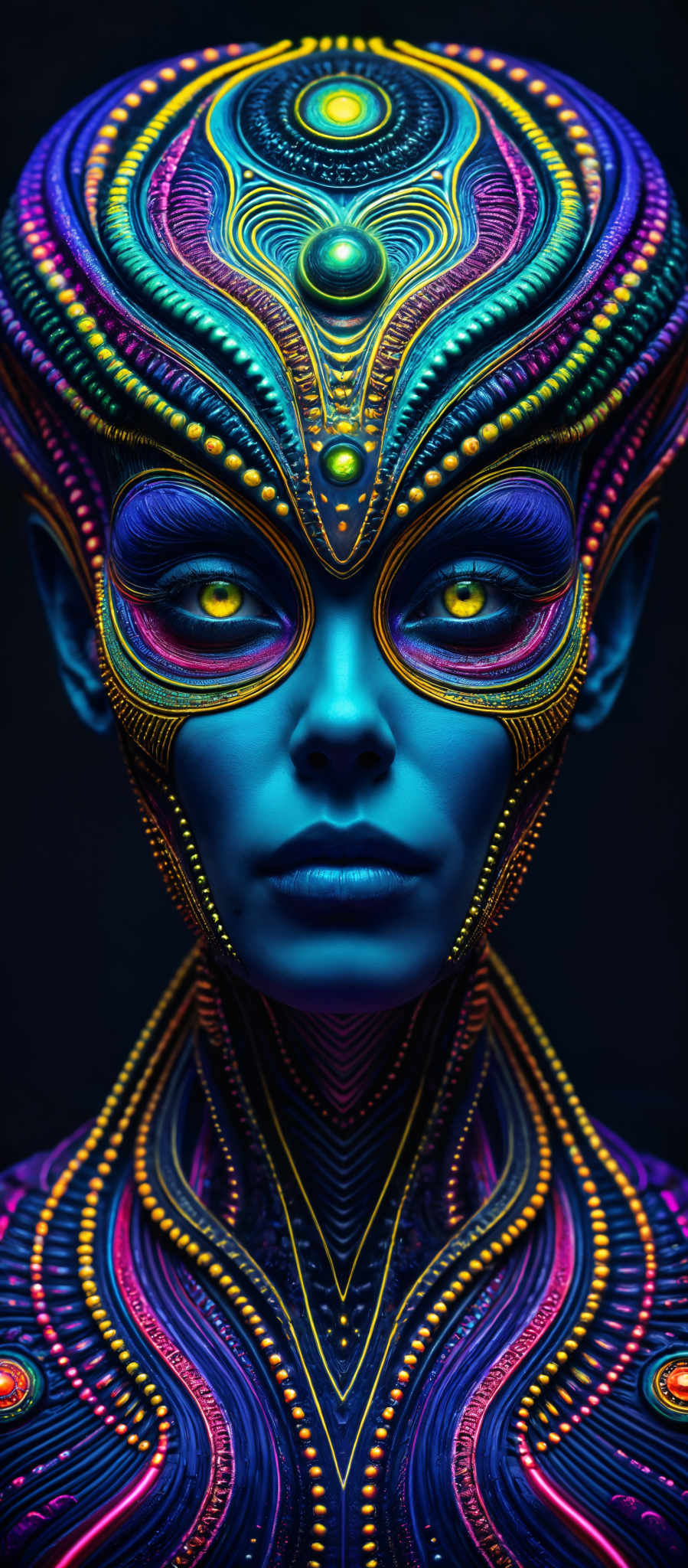 A blue alien with yellow eyes and a colorful mask.