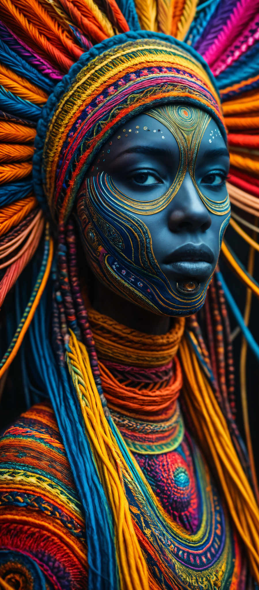 A woman with a colorful headdress and face paint.