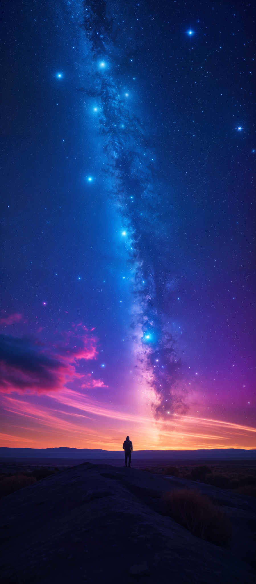 A beautiful view of the galaxy with stars and a pink and purple sky.