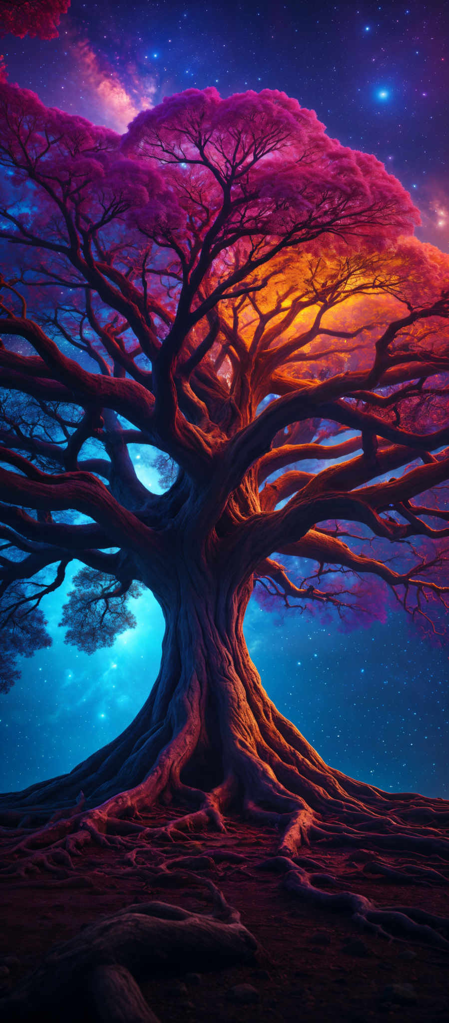 A large twisted tree with a red trunk and branches set against a backdrop of a blue sky with stars.