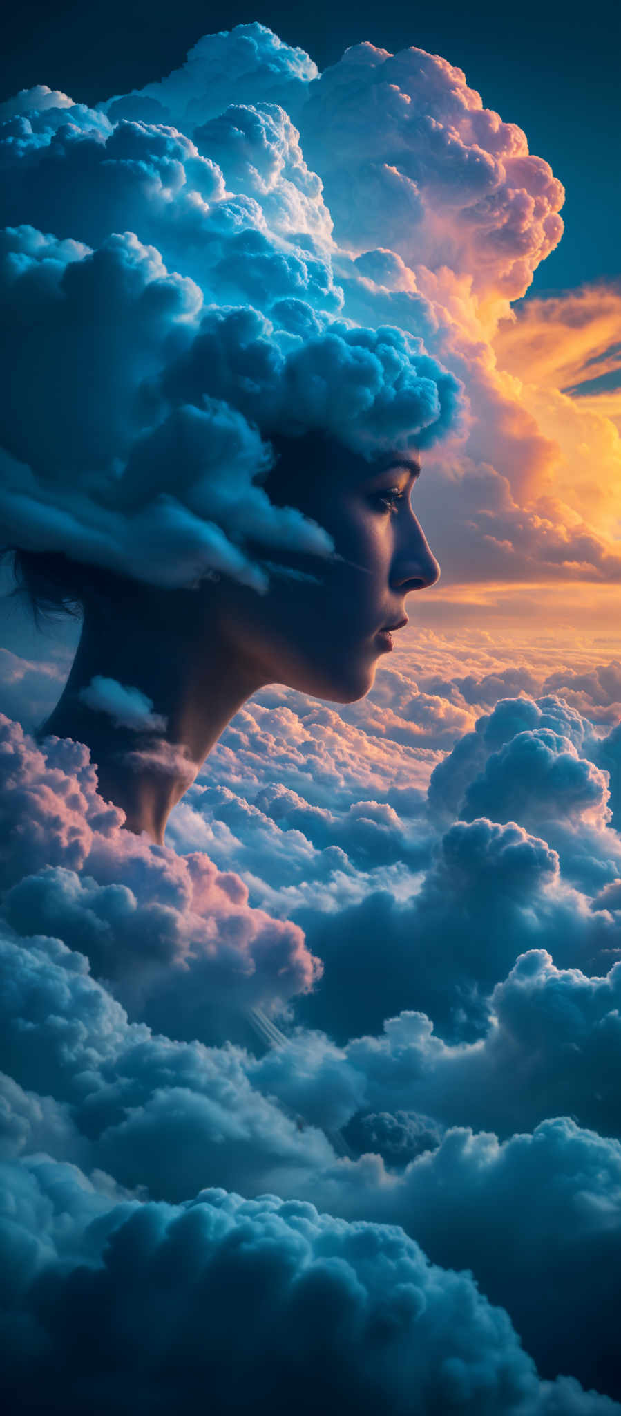 A woman's face is seen in a cloud-filled sky.