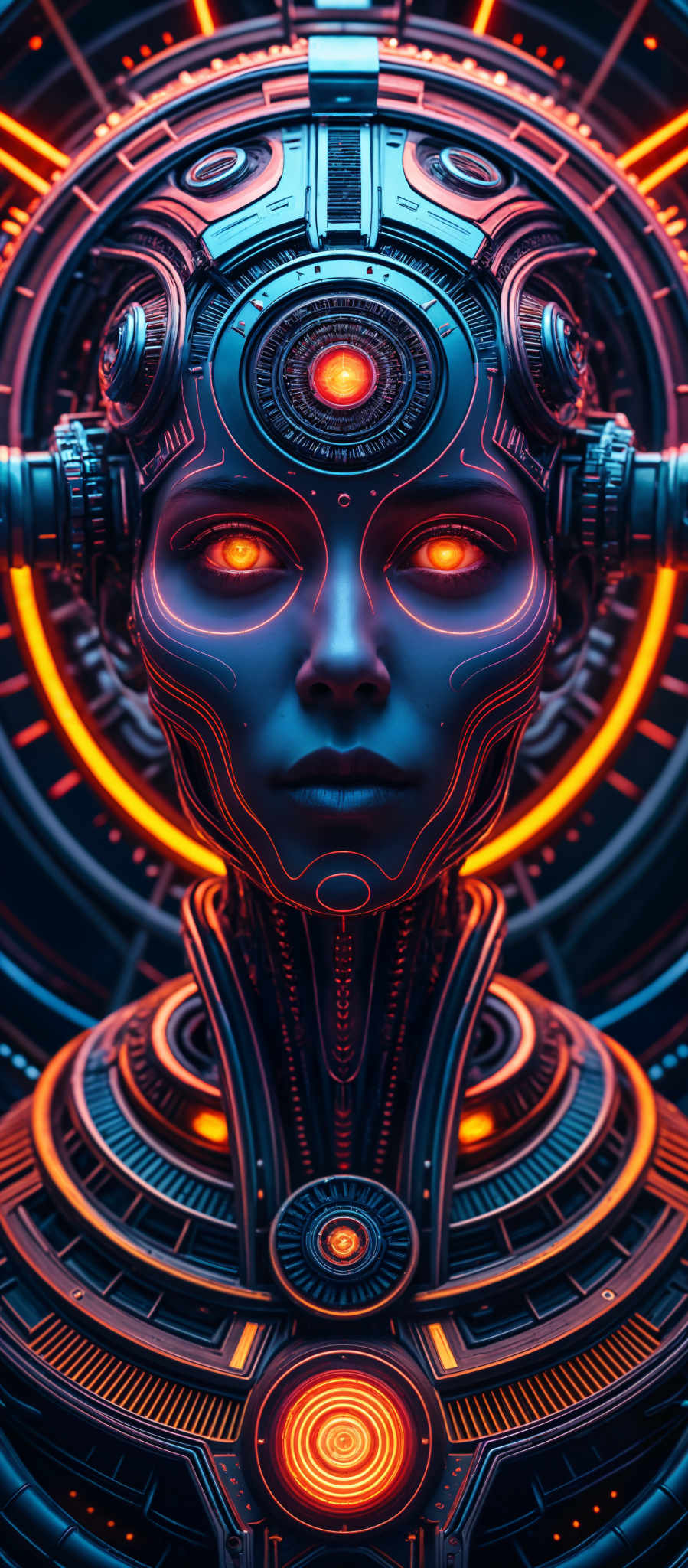 A digital image of a woman's face with a futuristic design. The woman's eyes are glowing red and her hair is blue. She is wearing a futuristic headpiece. The background is a complex pattern of blue and orange lights.