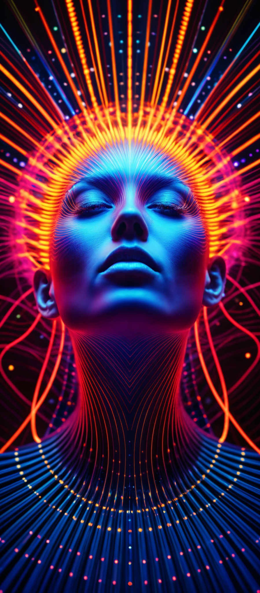 A blue and orange glowing woman's face with a halo of light around her head.