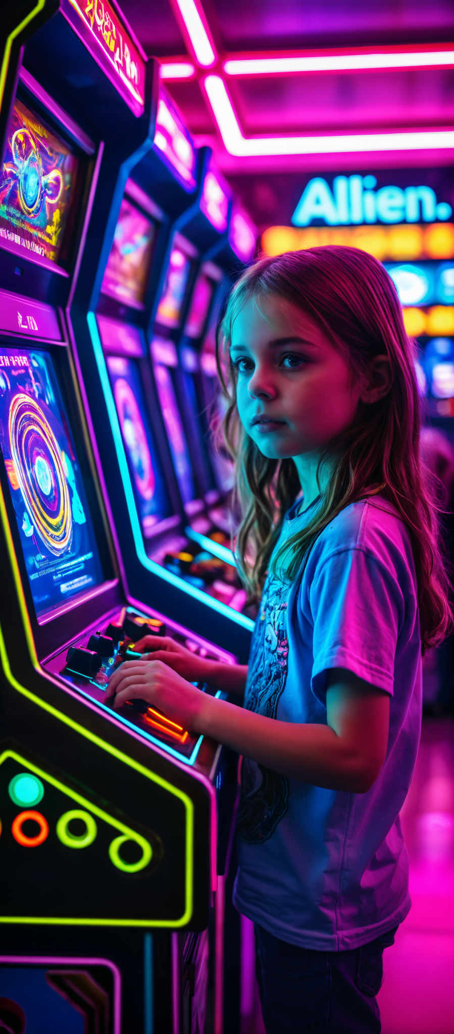 A young girl is playing a video game. She is wearing a blue shirt and has long hair. She has her eyes closed and is concentrating on the game. The game is colorful and has a lot of different buttons. The girl is standing in front of the game and it is lit up with bright lights. The background is dark which makes the game stand out even more. The image does not contain any text.