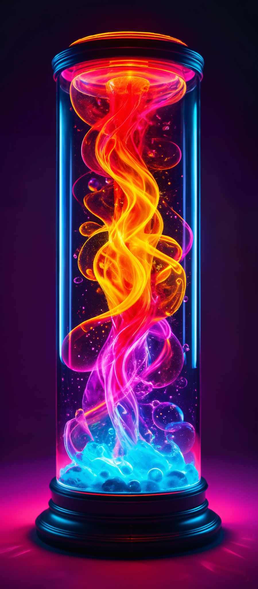 A vibrant display of orange and yellow lines swirls around a purple background creating a mesmerizing visual effect. The lines appear to dance and twist adding a sense of movement to the image.

The background is a deep purple providing a stark contrast to the bright colors of the lines. Scattered throughout this backdrop are small blue and pink dots adding an extra layer of visual interest to the scene.

The image is framed by a blue border which is adorned with a repeating pattern of orange lines. This border not only frames the image but also complements the swirling lines within creating an overall cohesive and visually appealing image. 

The image does not contain any discernible text or countable objects. The relative positions of the objects are such that the lines are central with the dots dispersed in the background and the border surrounding the entire image.