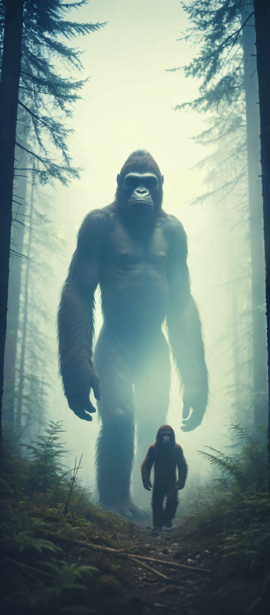 A gorilla and a monkey are walking through a forest.