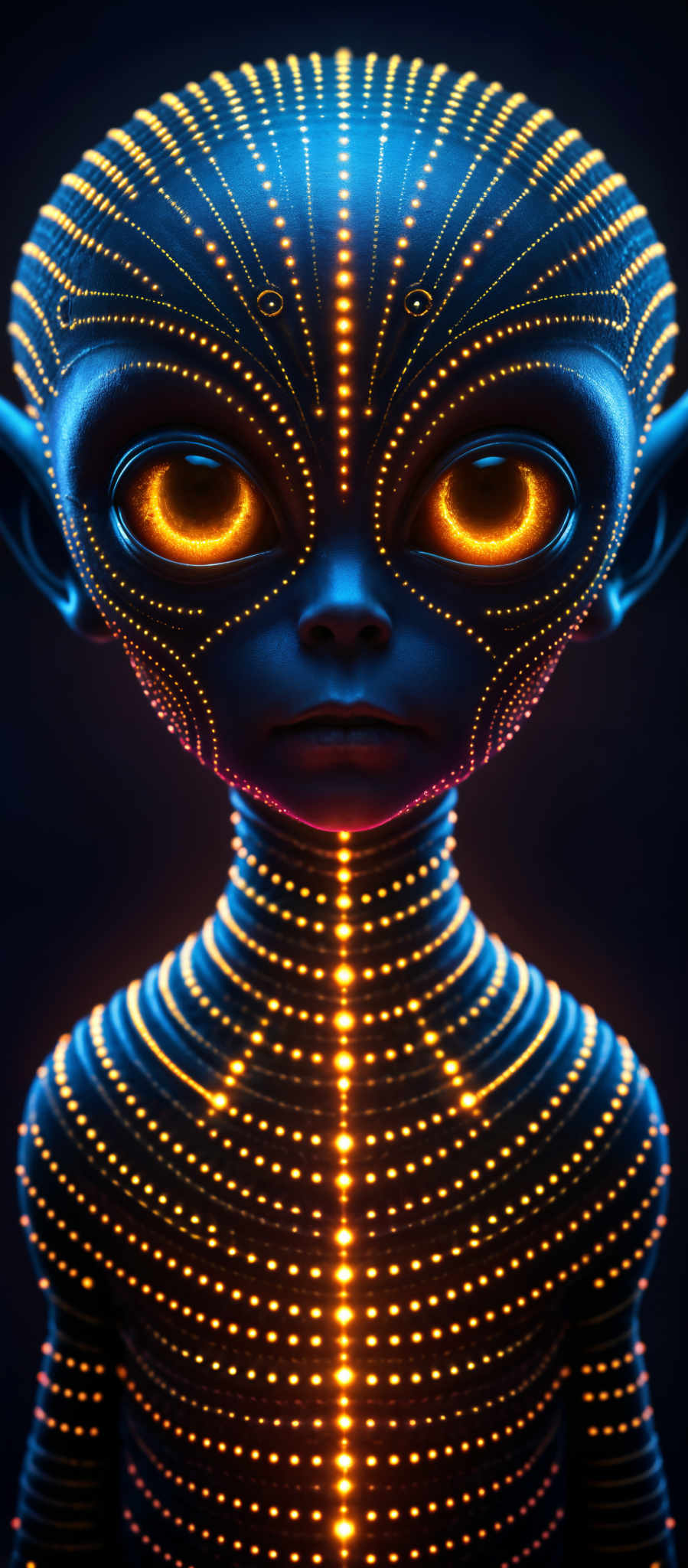 A blue alien with glowing orange eyes.