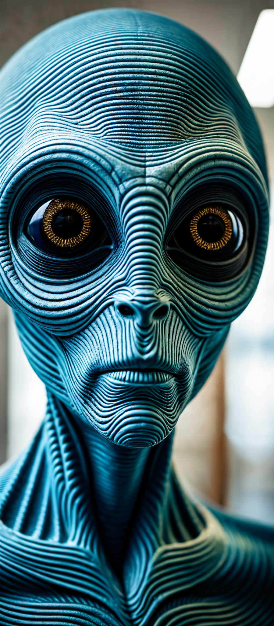 A blue alien with large eyes and a long neck.