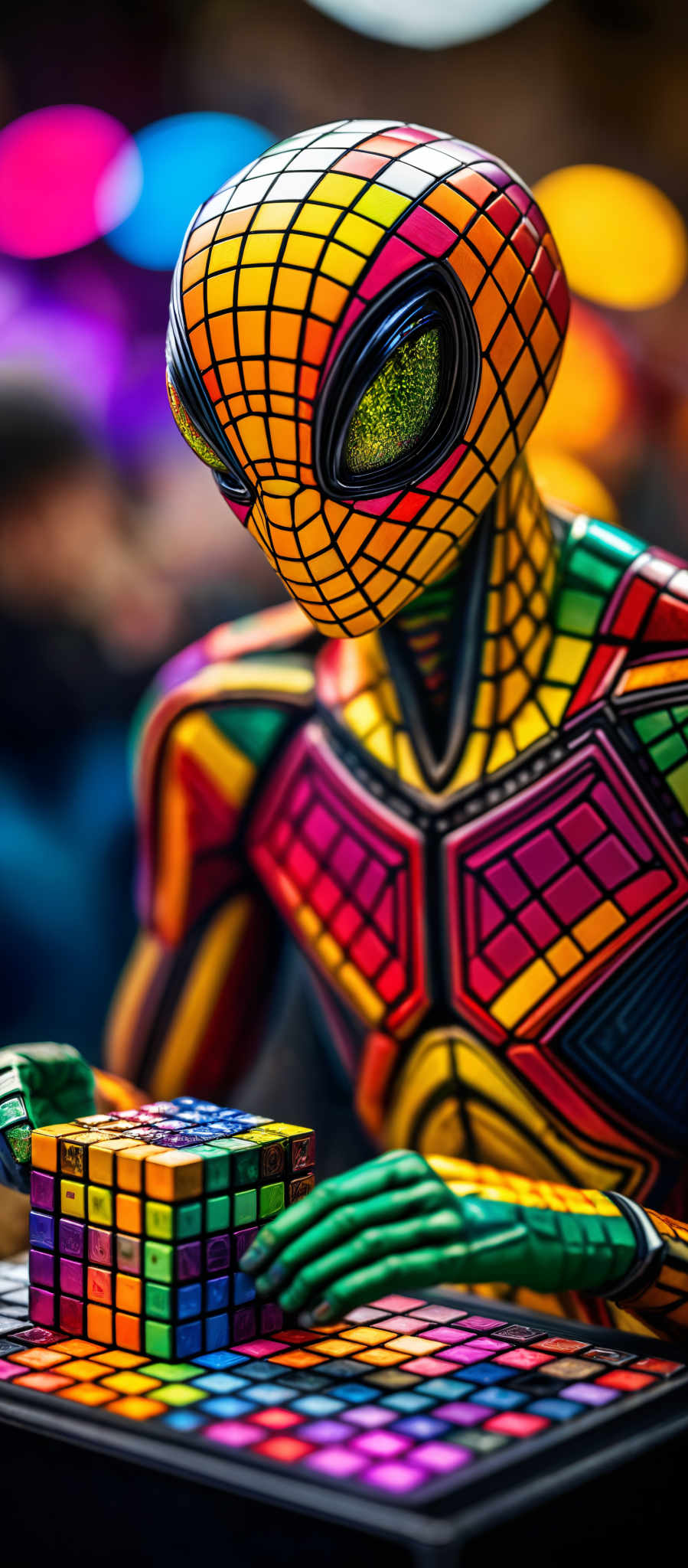 A colorful spiderman figure with a yellow and red face and a green and yellow body.