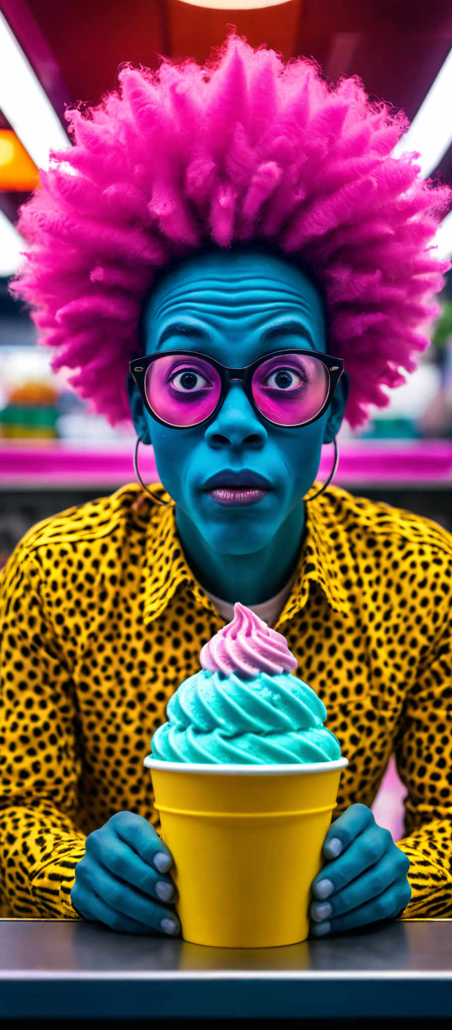 A person with blue hair and glasses is holding a cone of ice cream.