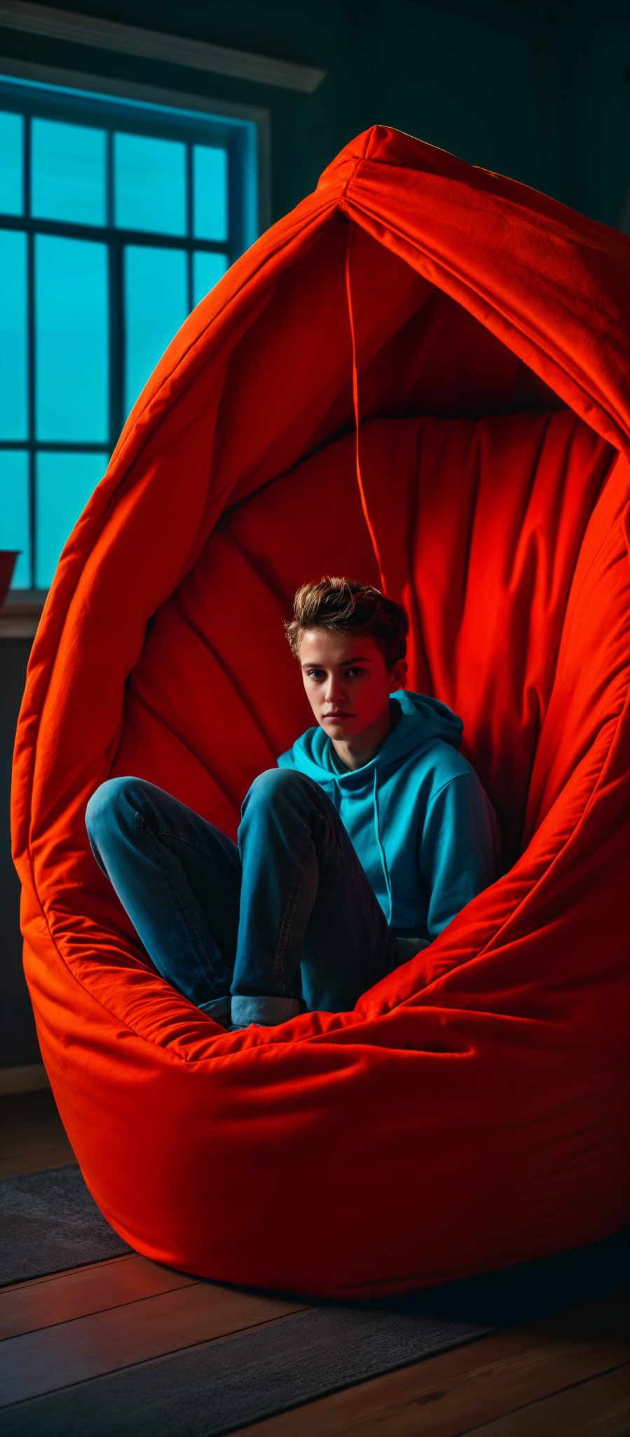 A young man in a blue hoodie is sitting inside a large orange bean bag chair.