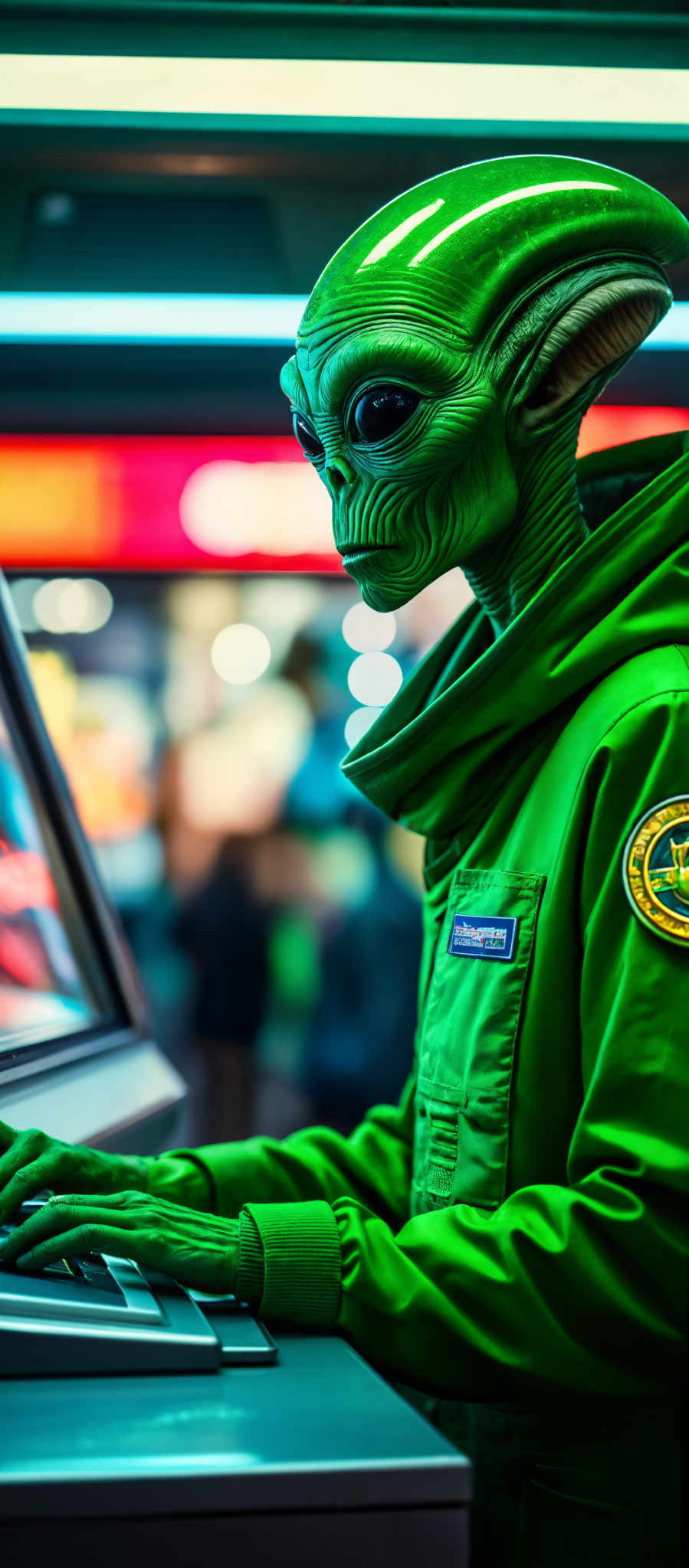 A green alien in a green jacket stands in front of a movie theater.