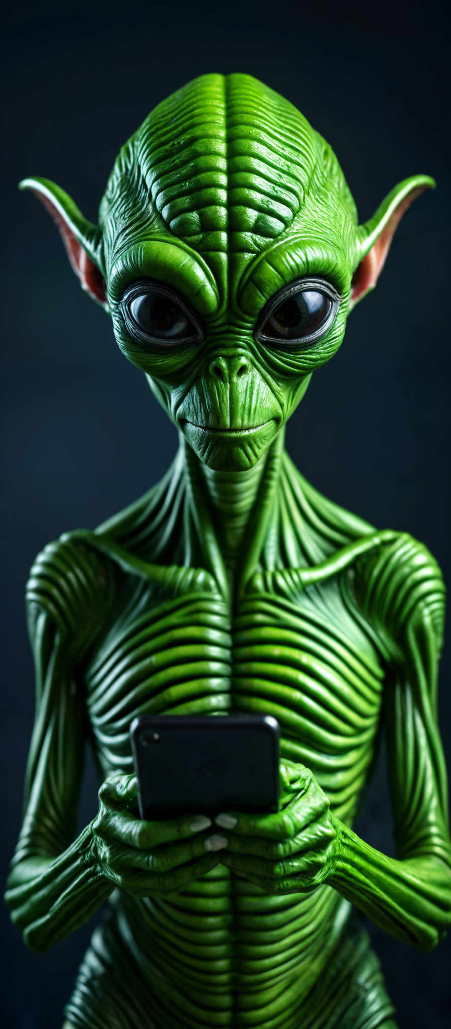 A green alien with a phone in its hand.