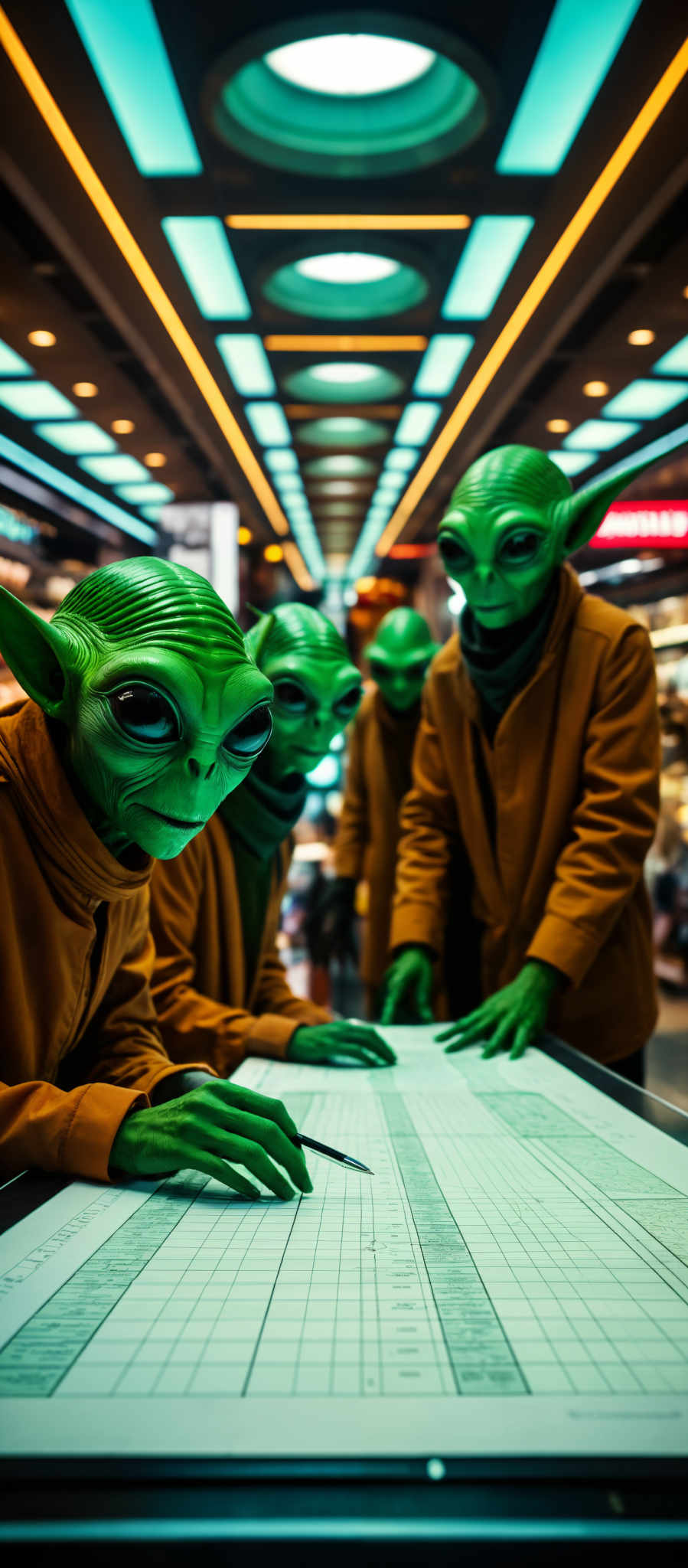 A group of alien-like creatures with green skin and large eyes are gathered around a table. They are all wearing brown jackets and appear to be engaged in a discussion. The table they are gathered at has a green surface and is covered with a white cloth. The background is filled with various objects and signs including a sign that reads "GALACTIC". The creatures are all facing the camera giving the impression that they are the main focus of the scene. The overall atmosphere of the photo suggests a gathering of extraterrestrial beings in a futuristic setting.