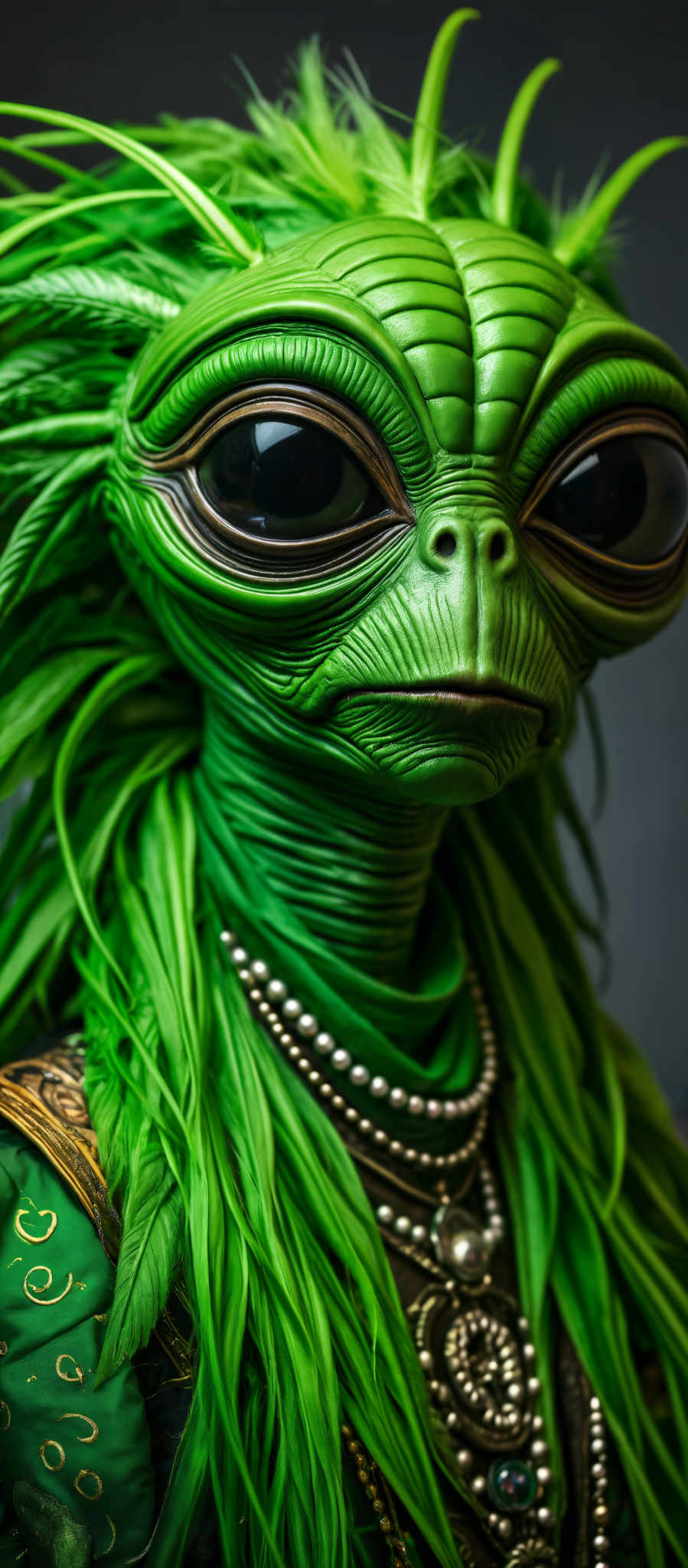 A green alien with large eyes and a necklace.