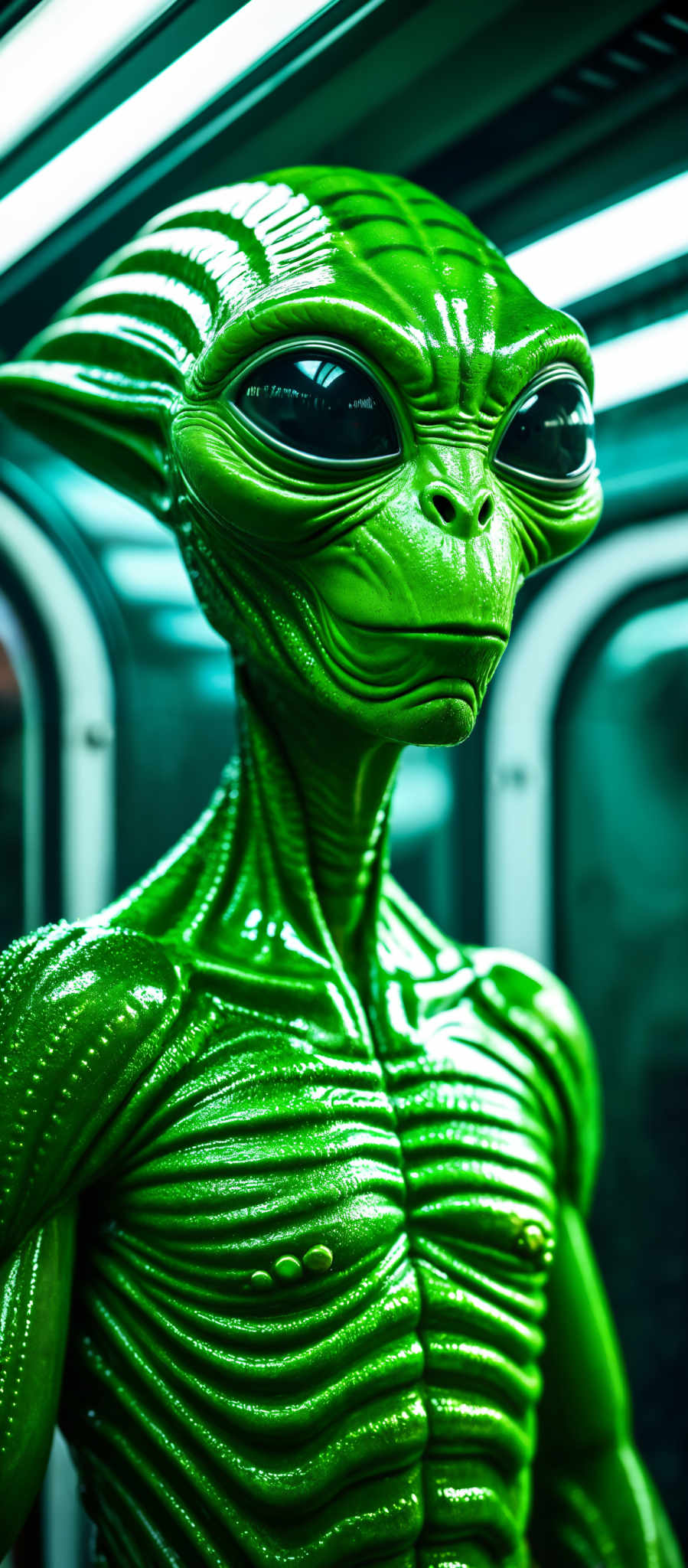 A green alien with large eyes and a long neck.