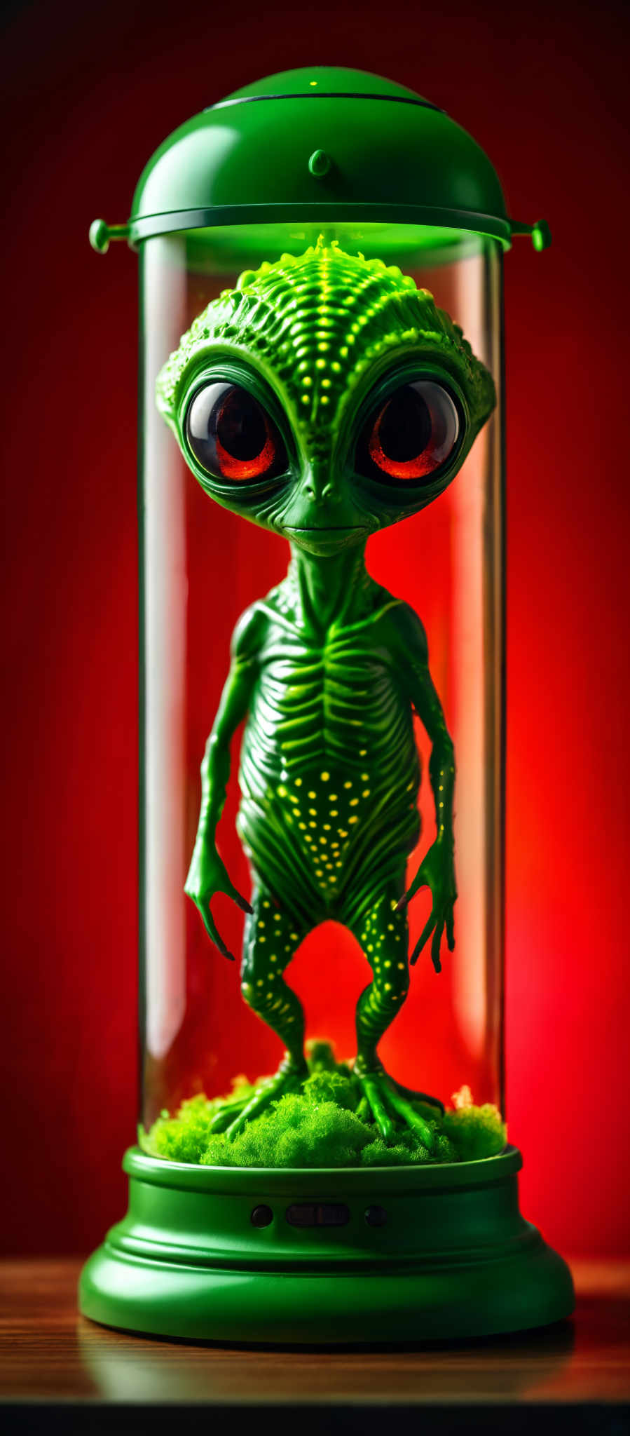 A green alien with red eyes stands in a red background.