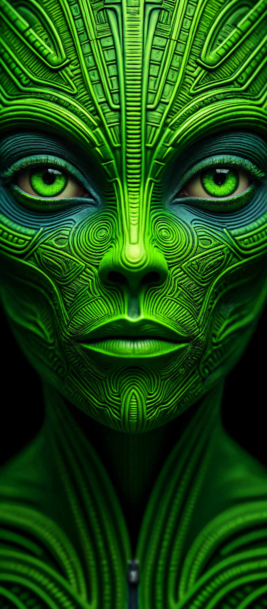 A close up of a face with green skin and green eyes. The face is adorned with intricate patterns and designs.