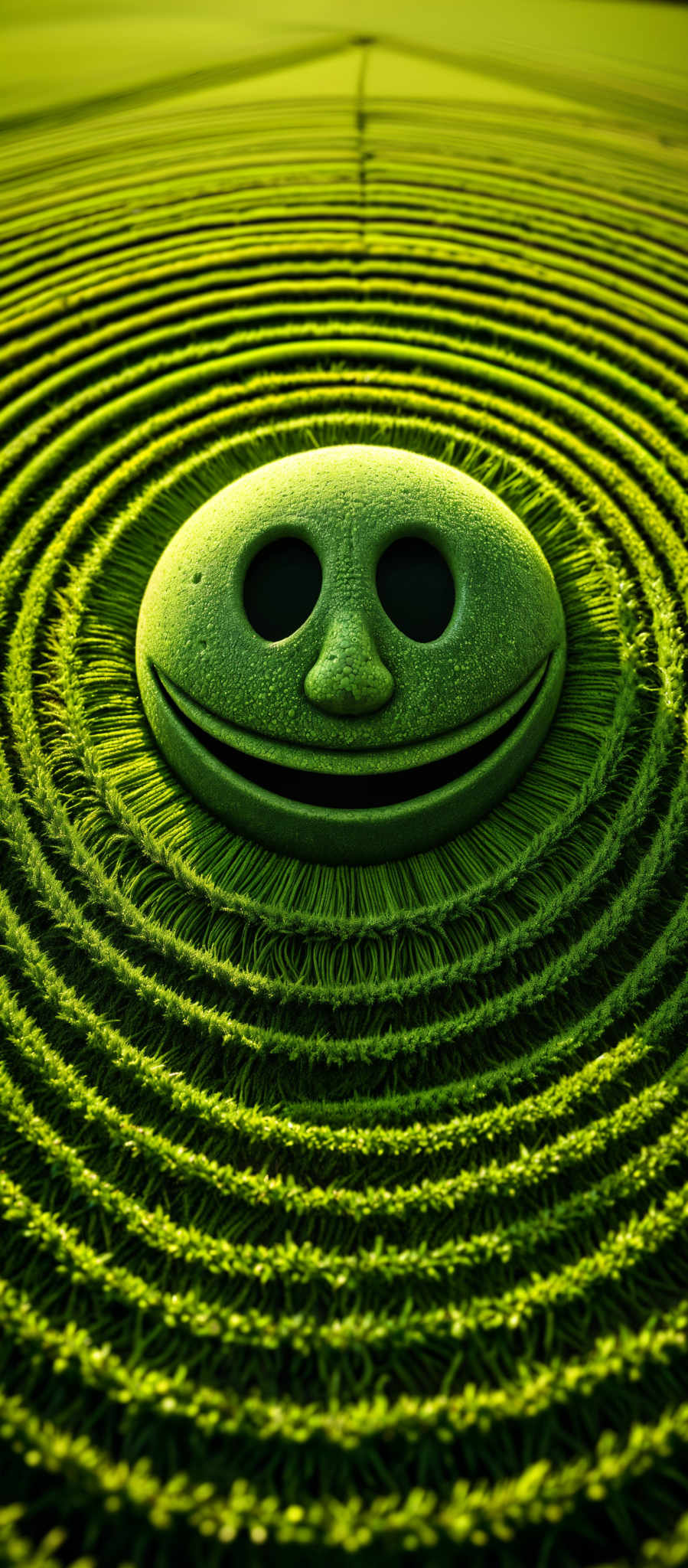 A green smiley face with a black nose and eyes.