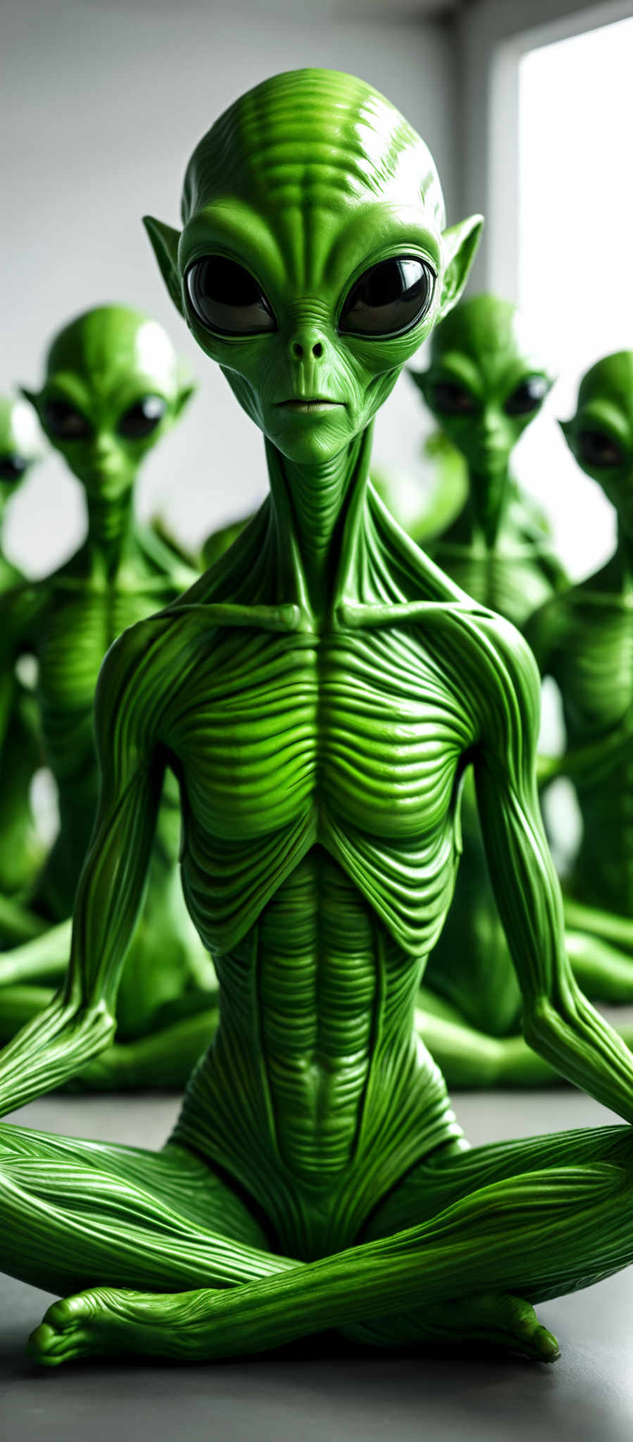 A group of green alien figures are standing in a row.