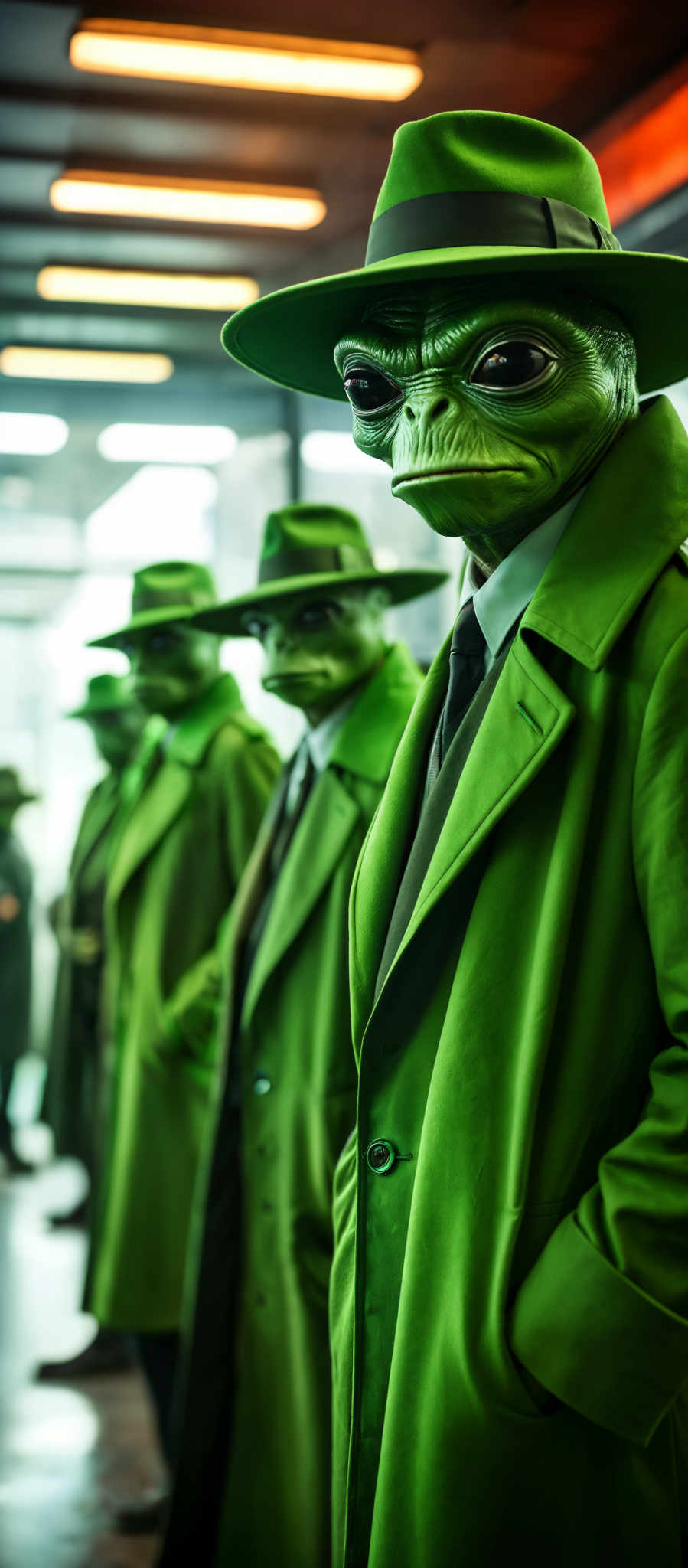 A group of green alien creatures in suits and hats.