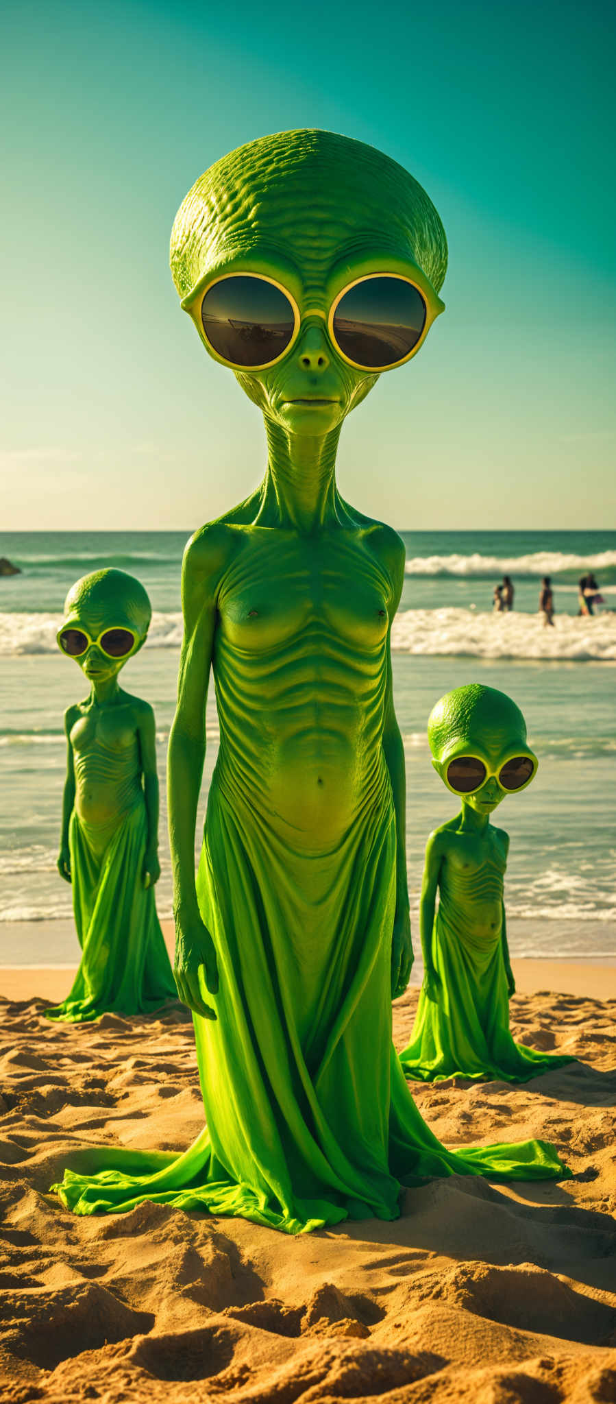 Three alien figures are standing on a beach. The largest figure is in the center and is shirtless wearing only a green suit. To its left is a smaller figure and to its right is another smaller figure. All three figures are wearing green sunglasses. The background of the photo features the ocean and people in the distance.