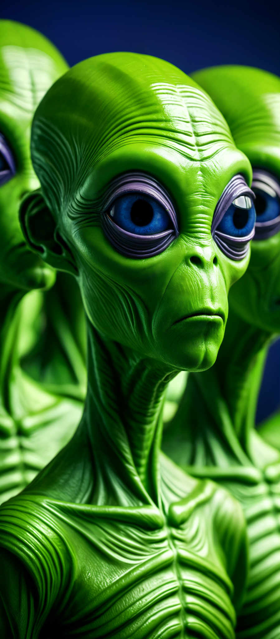 A close up of a green alien with blue eyes.